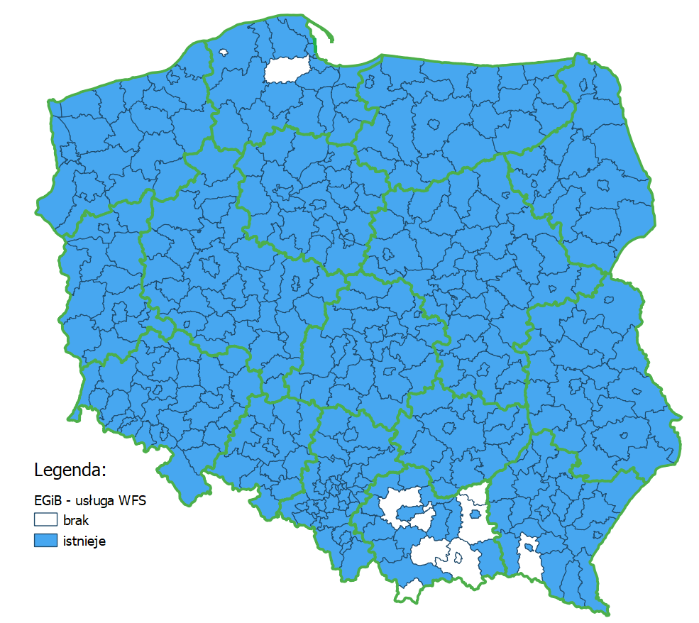 Rys. 1 Ilustracja przedstawia mapę Polski z podziałem na powiaty, na której zaznaczone kolorem niebieskim są powiaty umożliwiajace pobieranie pobieranie danych dotyczących geometrii działek i budynków.